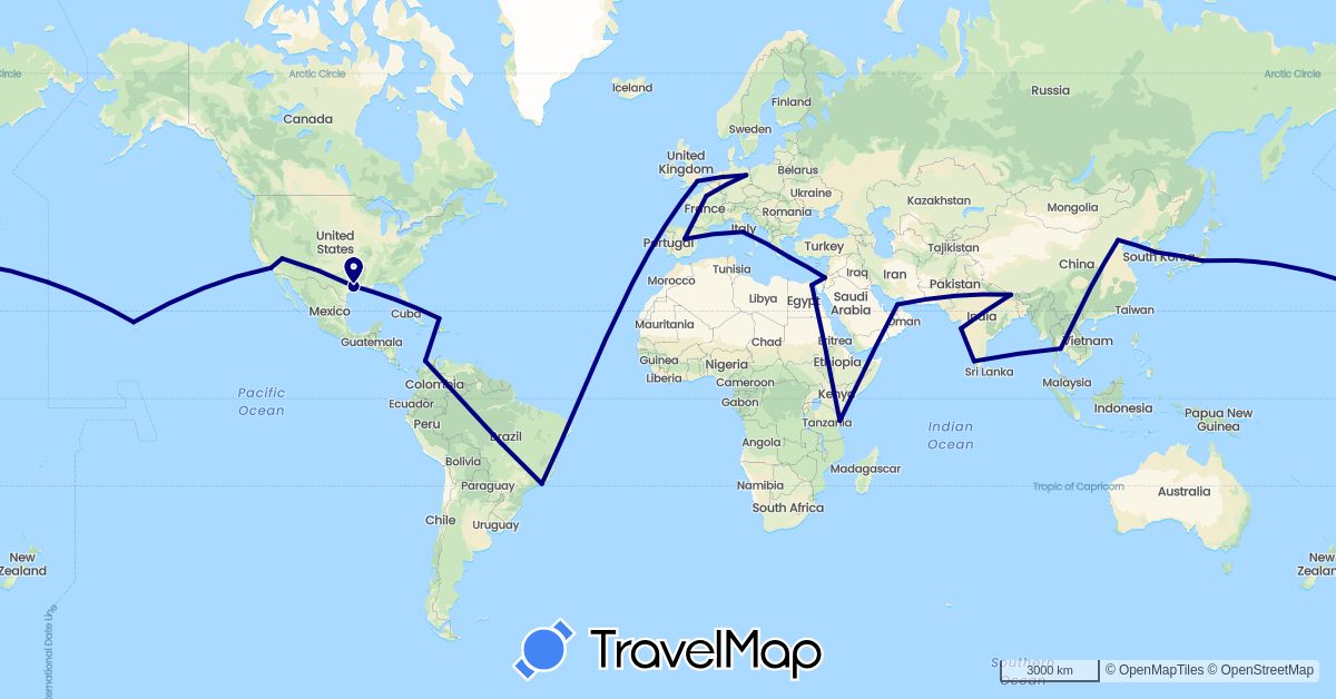 TravelMap itinerary: driving in United Arab Emirates, Brazil, China, Colombia, Germany, Egypt, Spain, France, United Kingdom, Greece, Israel, India, Italy, Japan, South Korea, Nepal, Turks and Caicos Islands, Thailand, Tanzania, United States (Africa, Asia, Europe, North America, South America)